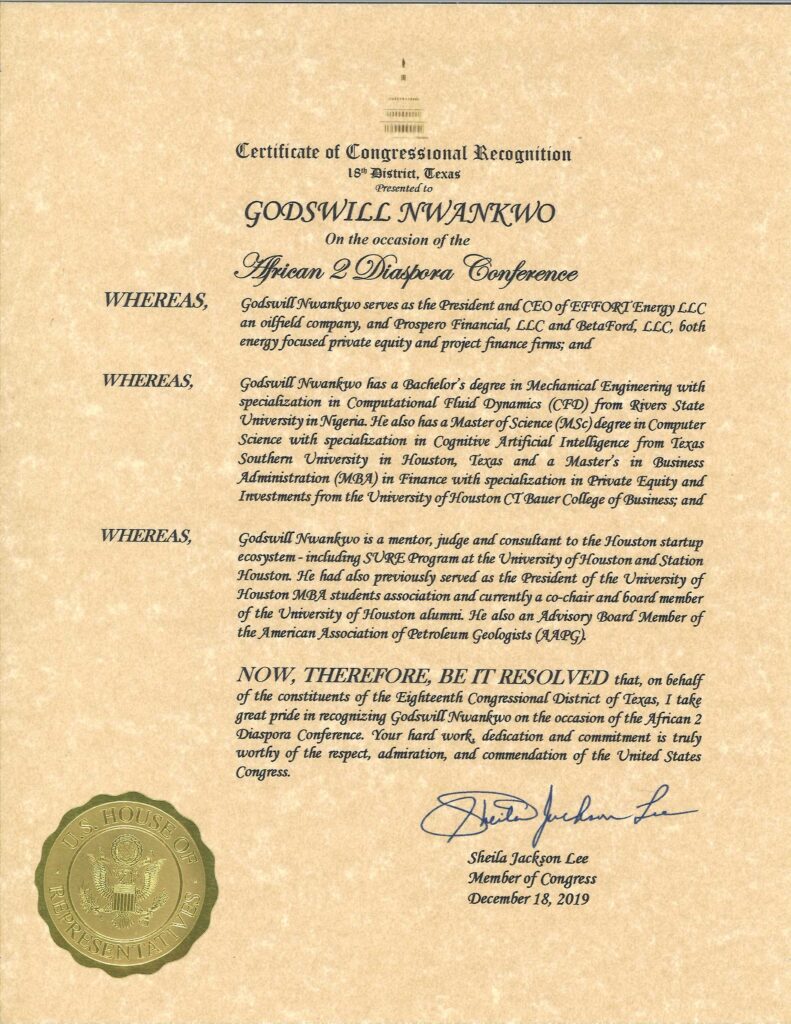 Certificate of Congressional Recognition by the United States House of Representatives